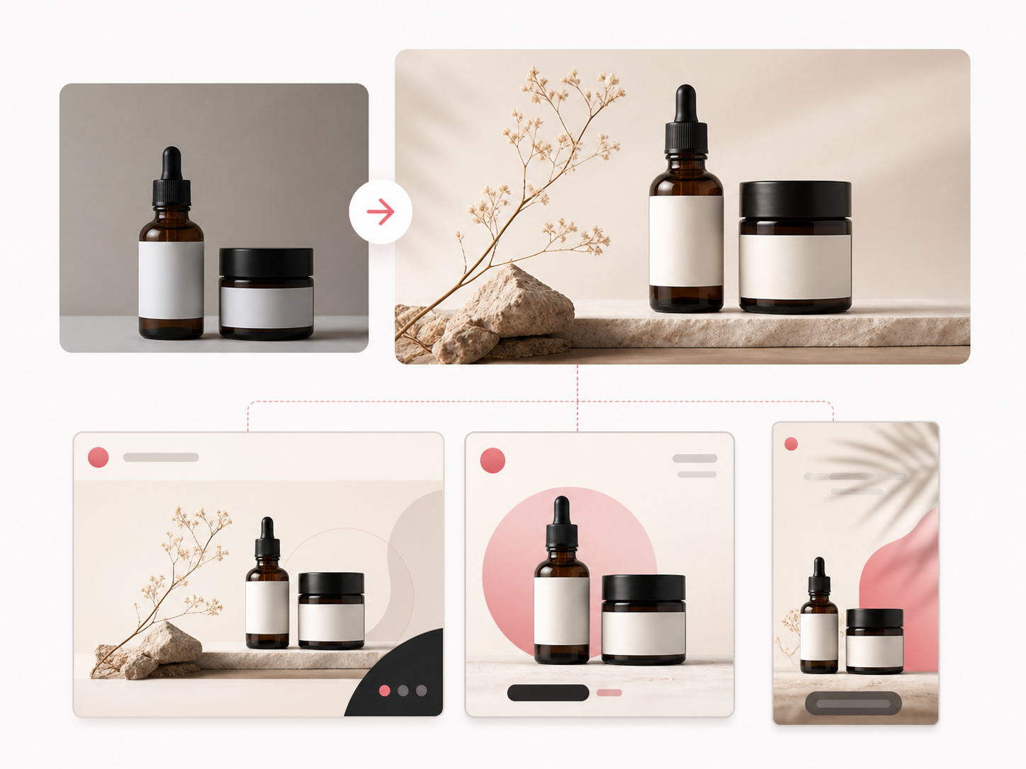 Example product studio and social ad drafts for a fictional skincare product