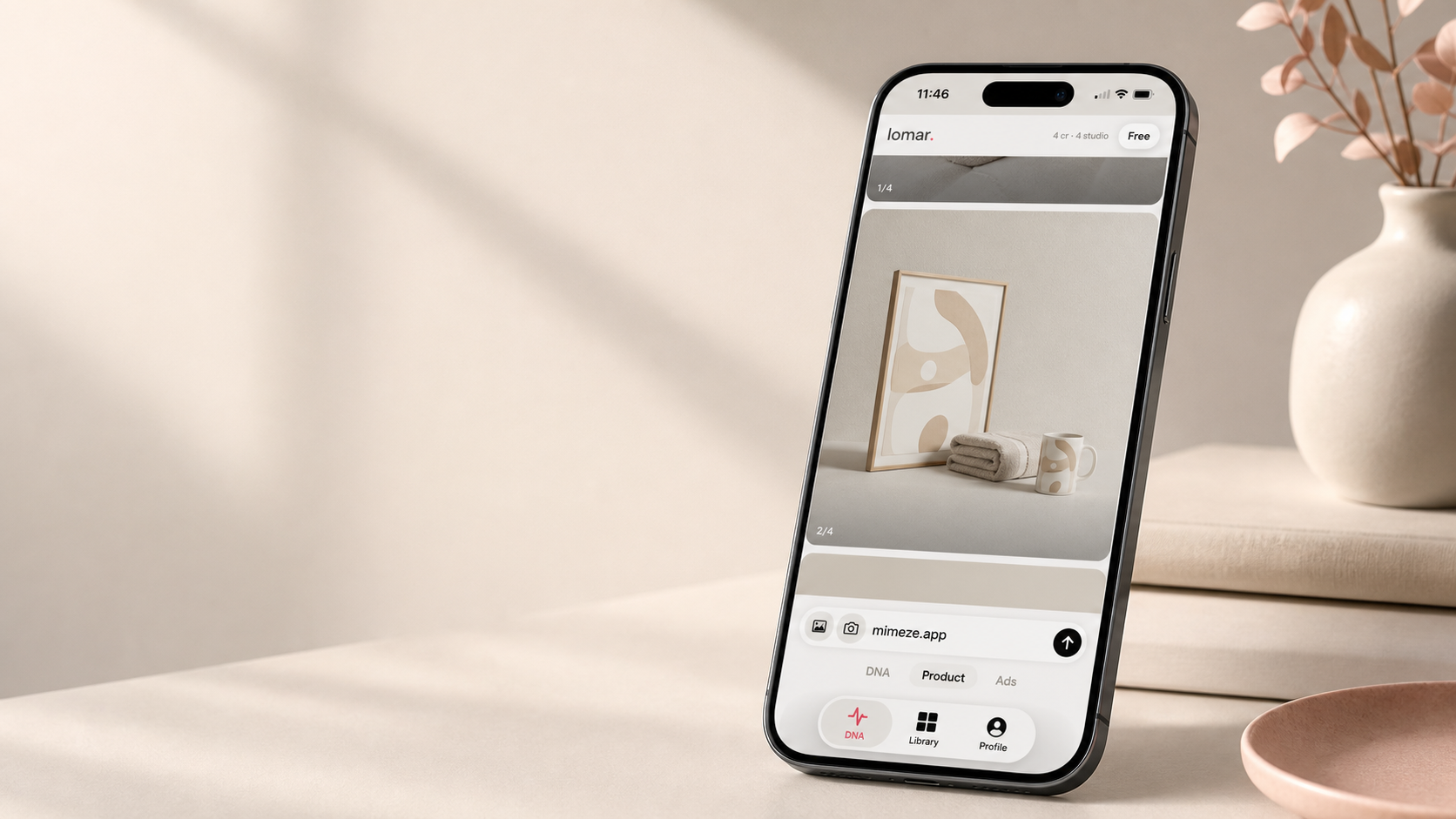 Lomar app shown on an iPhone with the real DNA and product generation screen
